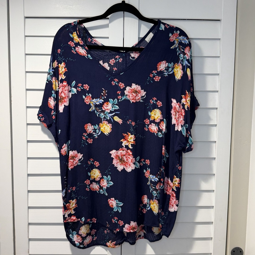Kaileigh Navy Floral Dolman Sleeve Blouse Size XL Rayon Made in USA - Picture 1 of 14